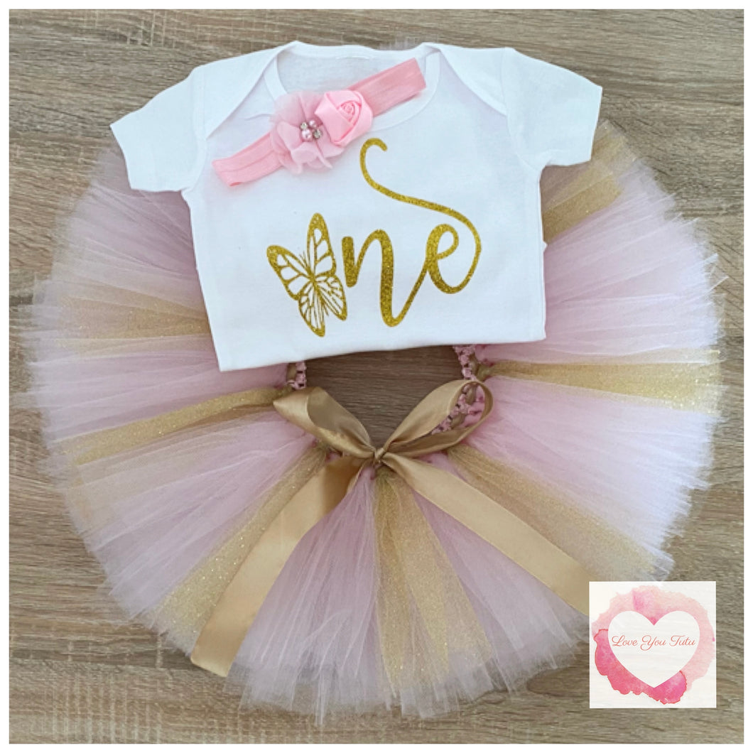 Butterfly one baby pink & gold glitter tutu set