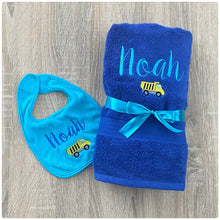Load image into Gallery viewer, Embroidered personalised towel and bib set
