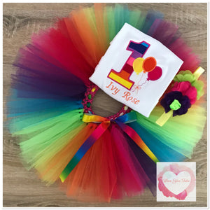 Embroidered rainbow balloon tutu set