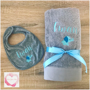 Embroidered personalised towel and bib set