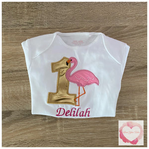 Embroidered Flamingo pink & gold design
