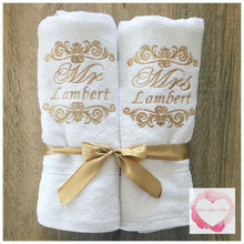 Load image into Gallery viewer, Embroidered Mr &amp; Mrs personalised towel set