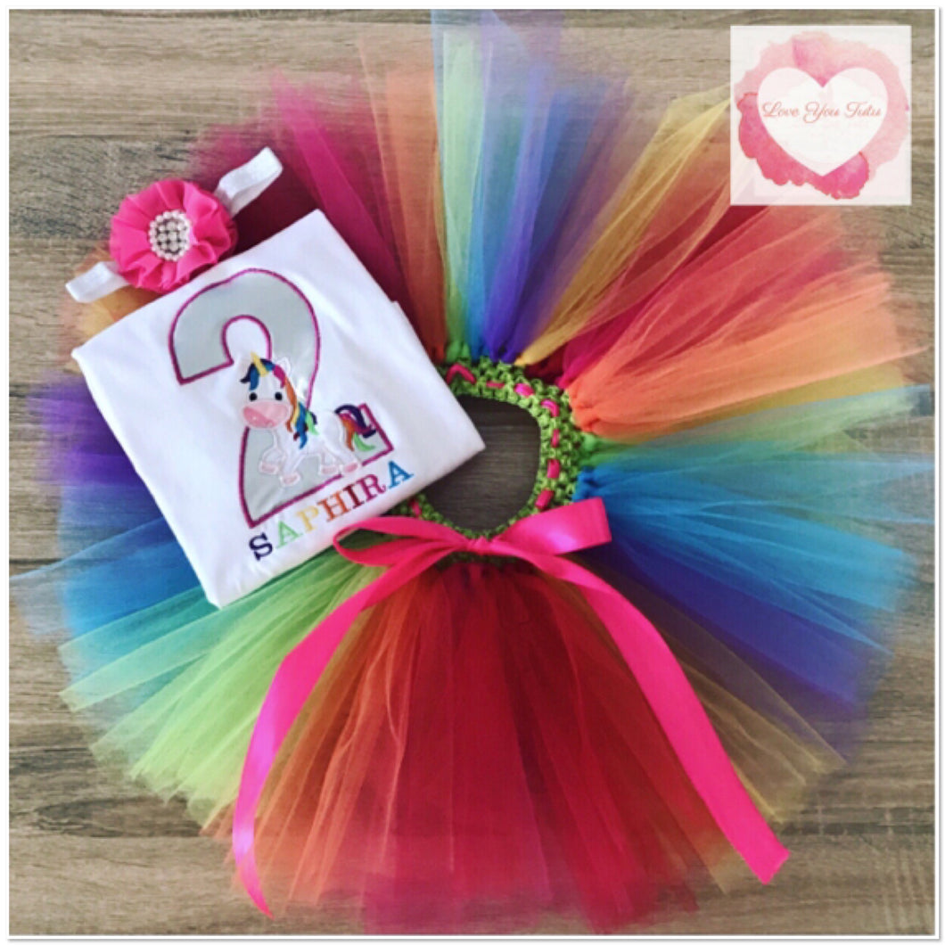 Embroidered Rainbow unicorn tutu set