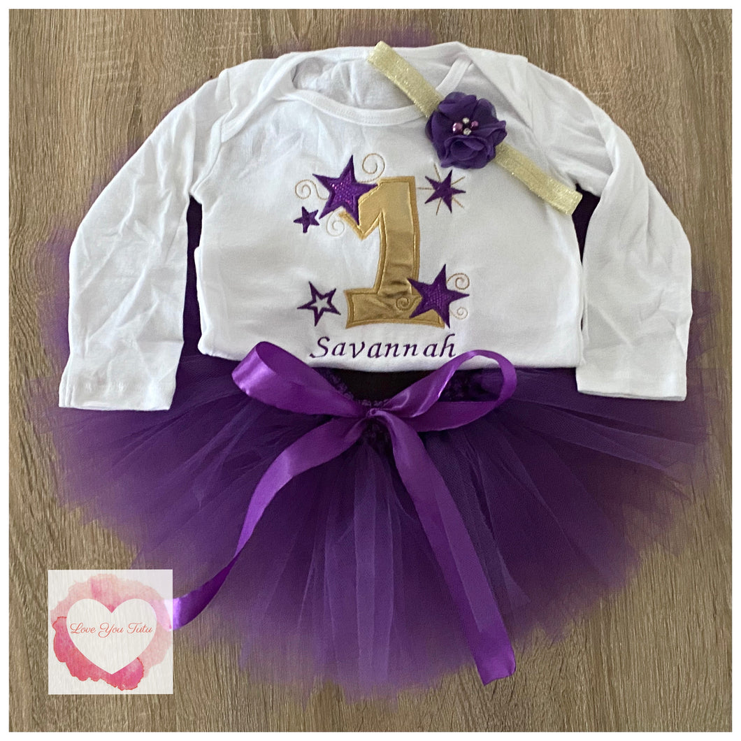 Embroidered purple 1st birthday star tutu set