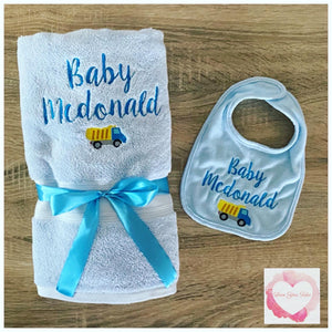 Embroidered personalised towel and bib set