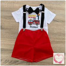 Load image into Gallery viewer, Fire truck Birthday shorts 3 piece set