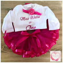 Load image into Gallery viewer, Personalised fuchsia ribbon trimmed tutu set