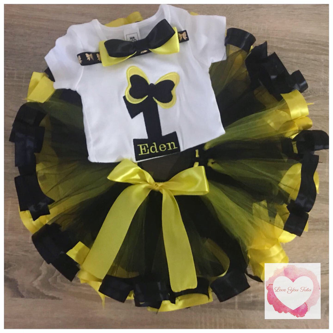 Embroidered yellow bow numbered ribbon trimmed tutu set