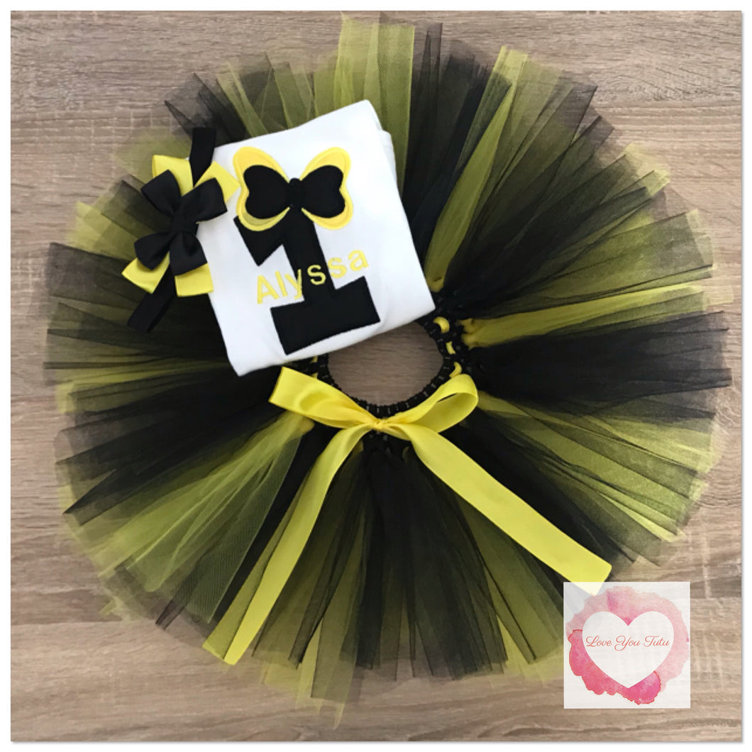 Embroidered black and yellow numbered bow tutu set