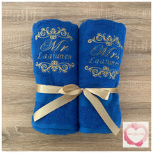 Load image into Gallery viewer, Embroidered Mr &amp; Mrs personalised towel set