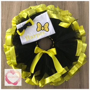 Embroidered yellow bow ribbon trimmed tutu set